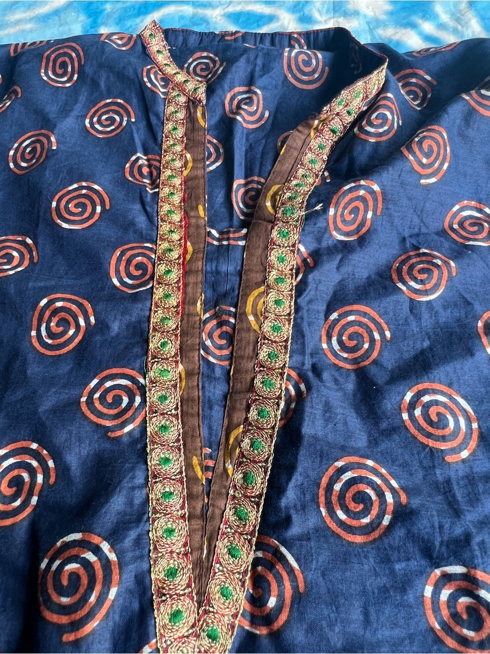 Navy Blue Kurta with Gold Trim - Picture 3 of 7
